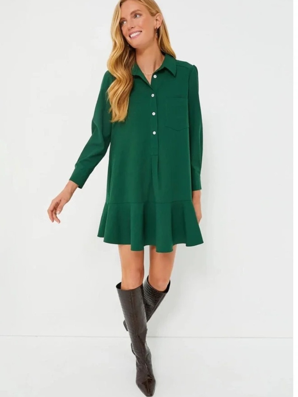 Tuckernuck Emerald Green Long-Sleeve Shirt Dress with Ruffle Hem size Large